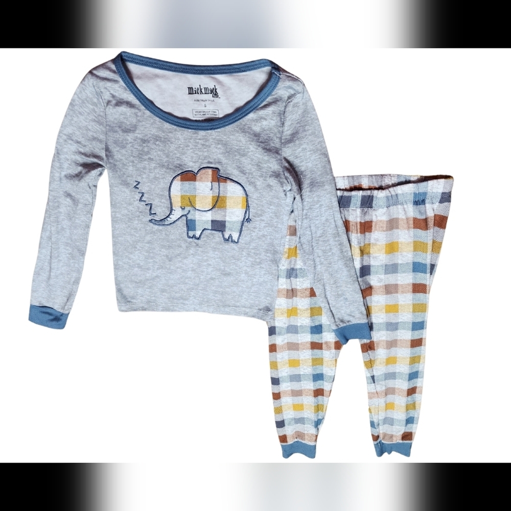 Elephant Print Plaid Kids Pajamas - Gray and Blue, Size 5